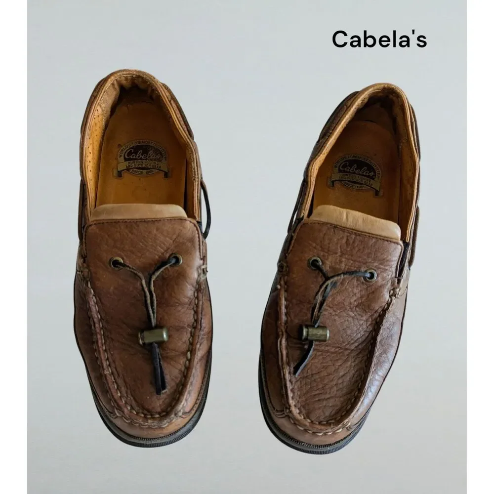 Vtg Cabela's Brown Leather Tassle Boat Slip On 82-4789 Shoes Sz 10EE